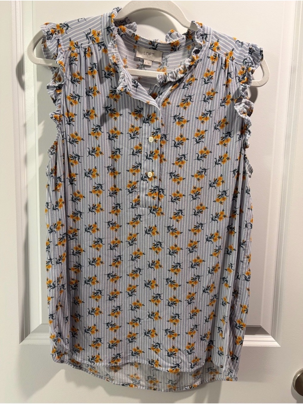 LOFT Floral Stripe Ruffle-Neck Sleeveless Top - Yellow & Light Blue